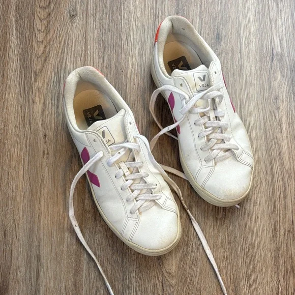 Veja Women's White Sneakers with Pink and Orange Accents - Picture 2 of 9